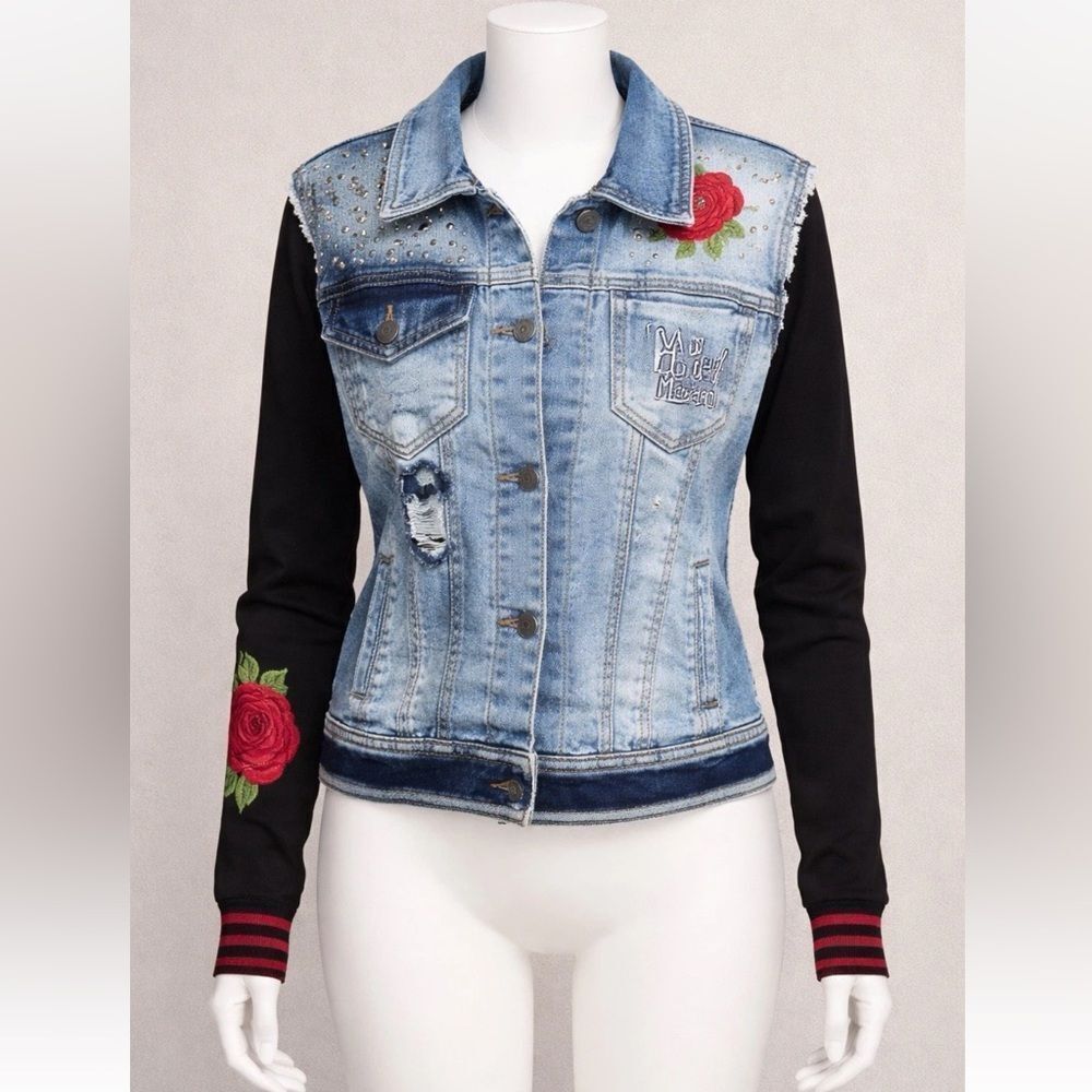 ¡Ay Güey! MX XS Denim Jacket Frida Kahlo Rose Studded Stretch Jean Jacket. XS